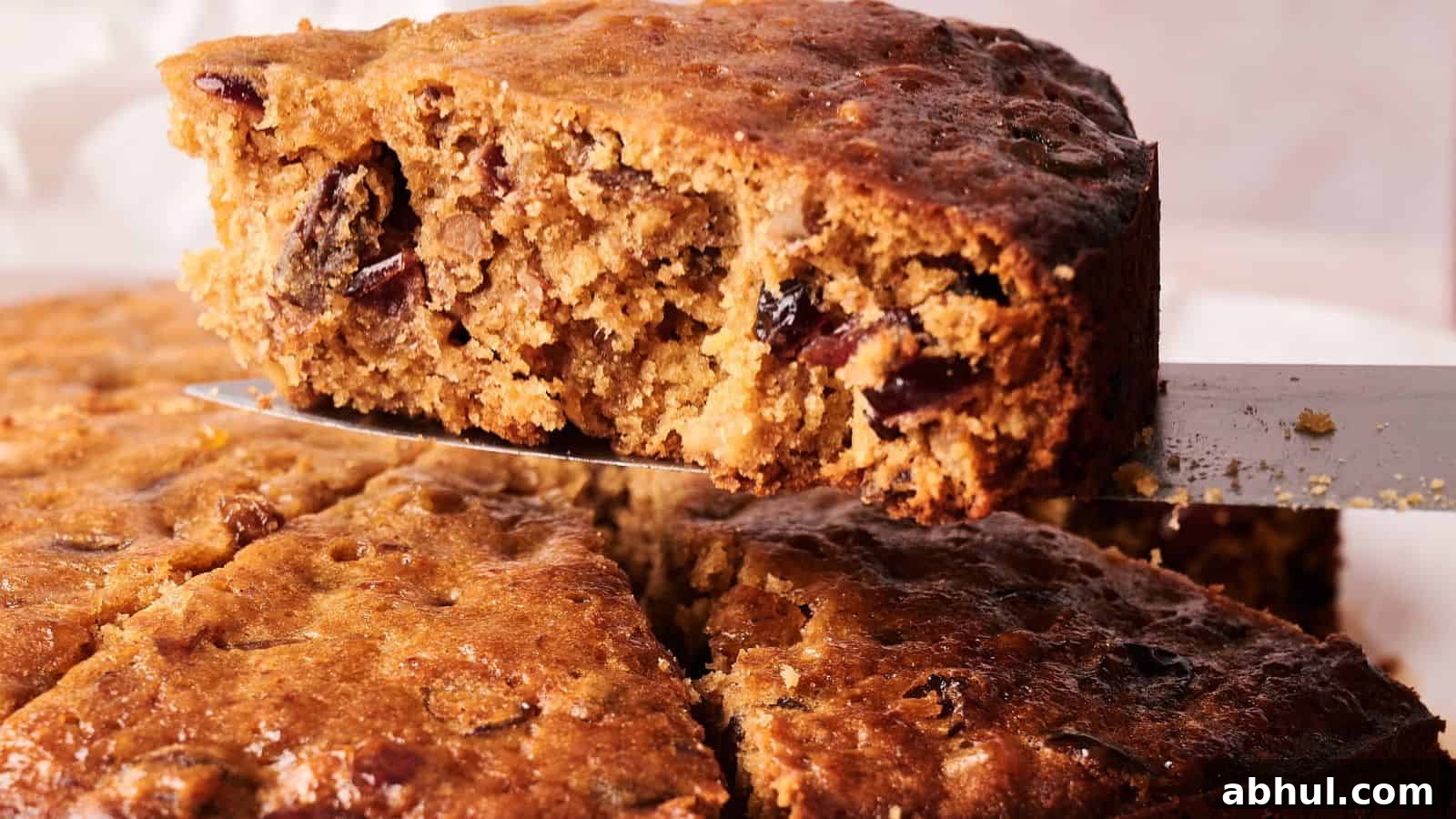 A close-up of a fruitcake with a slice being lifted out, showing its dense texture and pieces of dried fruit inside.