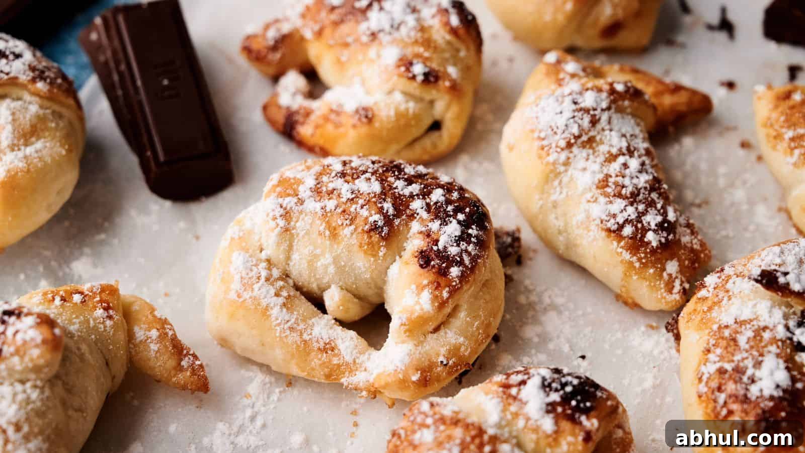 Chocolate and pretzel rolls with powdered sugar.