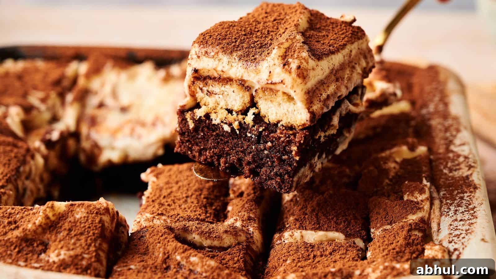 A close-up of a tray of tiramisu with a chocolate base, with one slice being lifted out, topped with dusted cocoa powder.