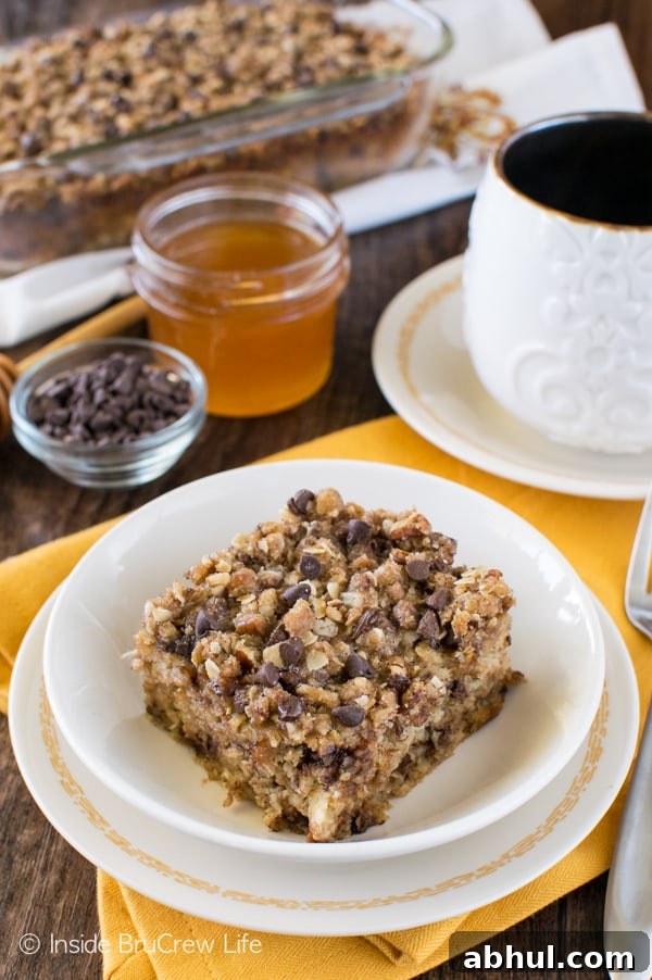 Try this Chocolate Chip Banana Streusel Baked Oatmeal for breakfast the next time you have ripe bananas. Great recipe that is delicious warm or cold!