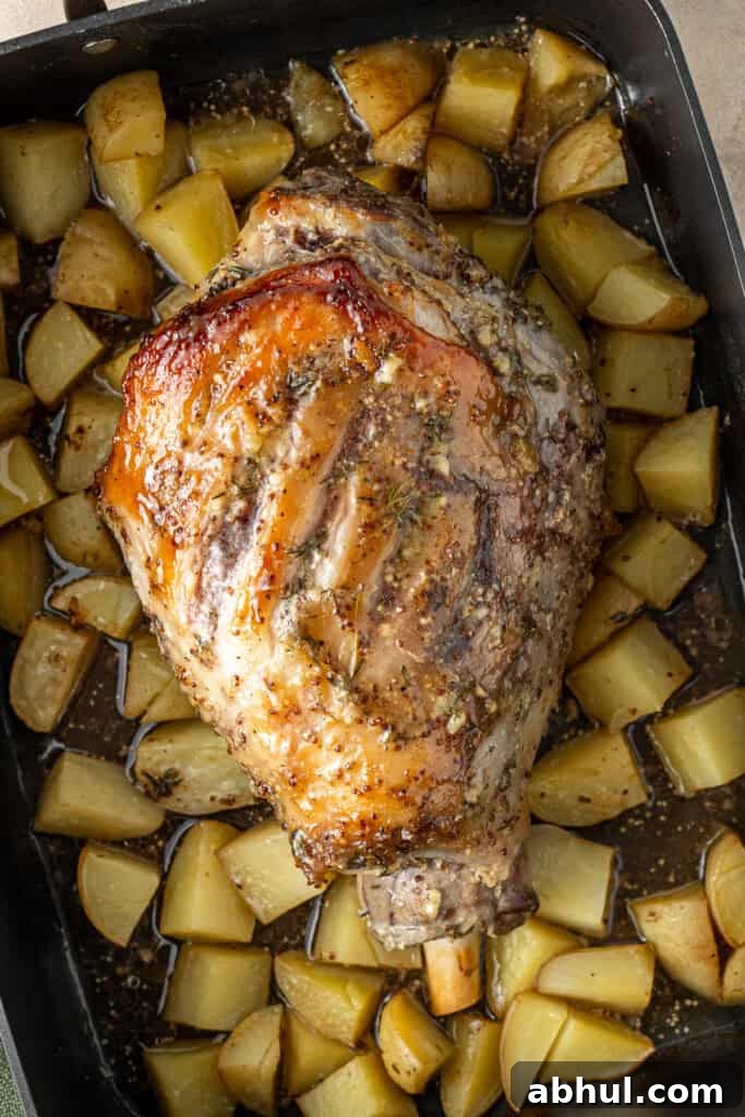The roast lamb and potatoes in the baking tray.