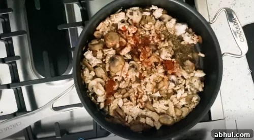 Seasoning healthy turkey stroganoff in the pan.