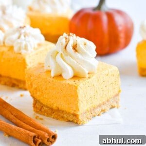cheesecake square with pumpkin in the background.