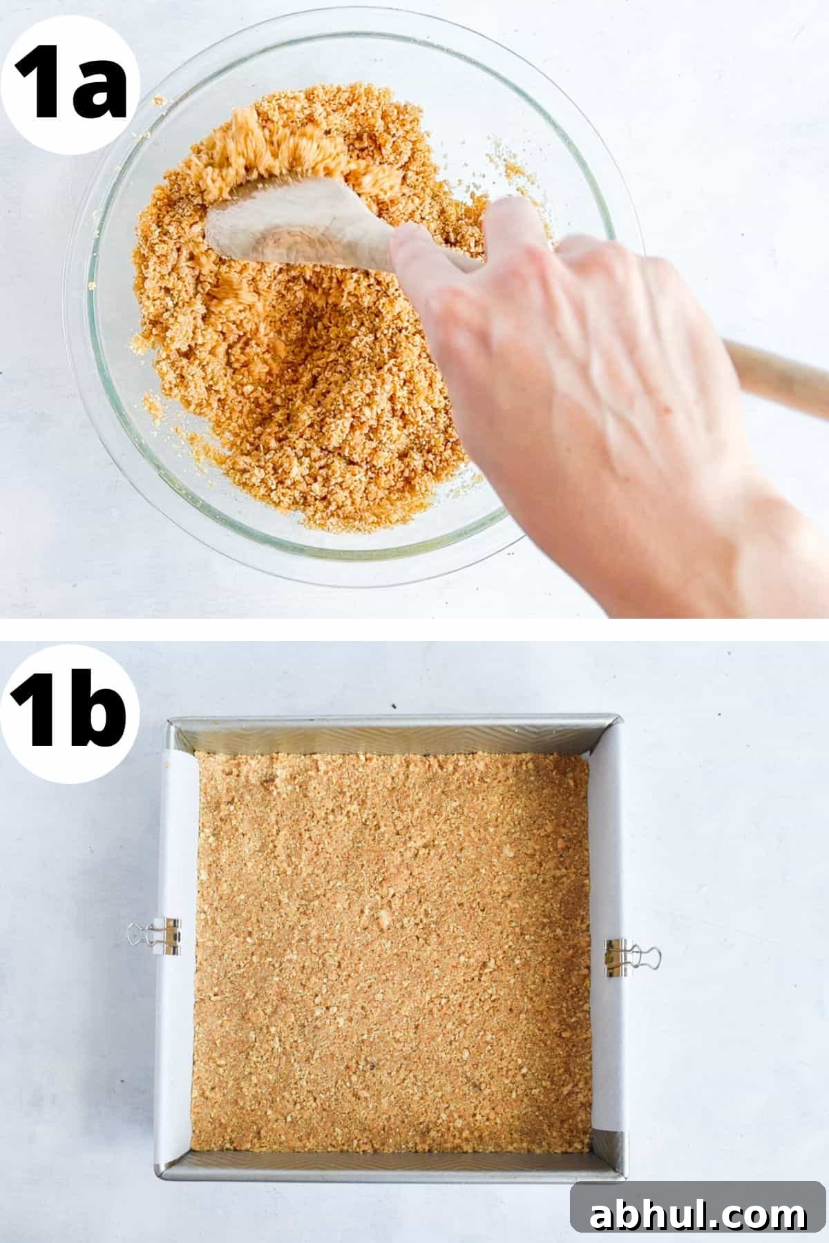 two images showing how to make the graham cracker crust.