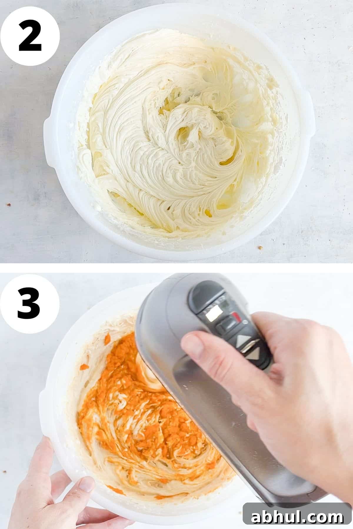 two images showing how to beat the cream cheese and how to add the pumpkin in.