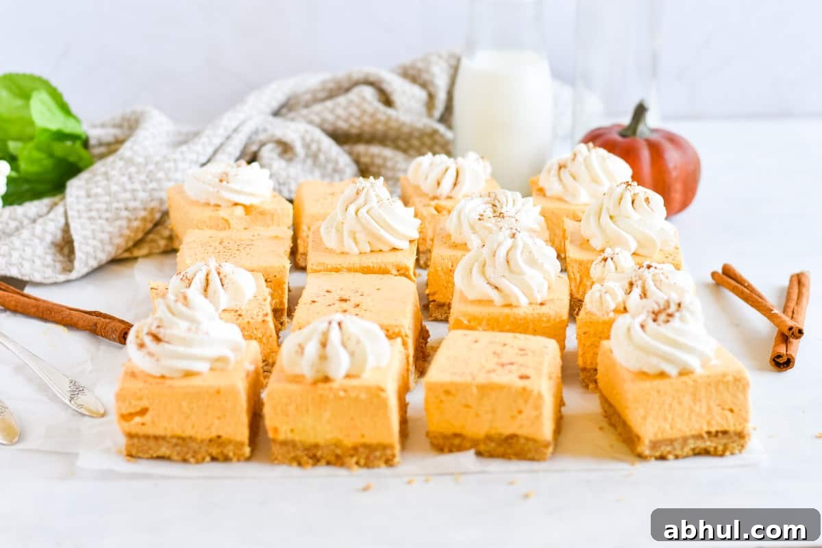 squares of pumpkin cheesecake lined up in a row.
