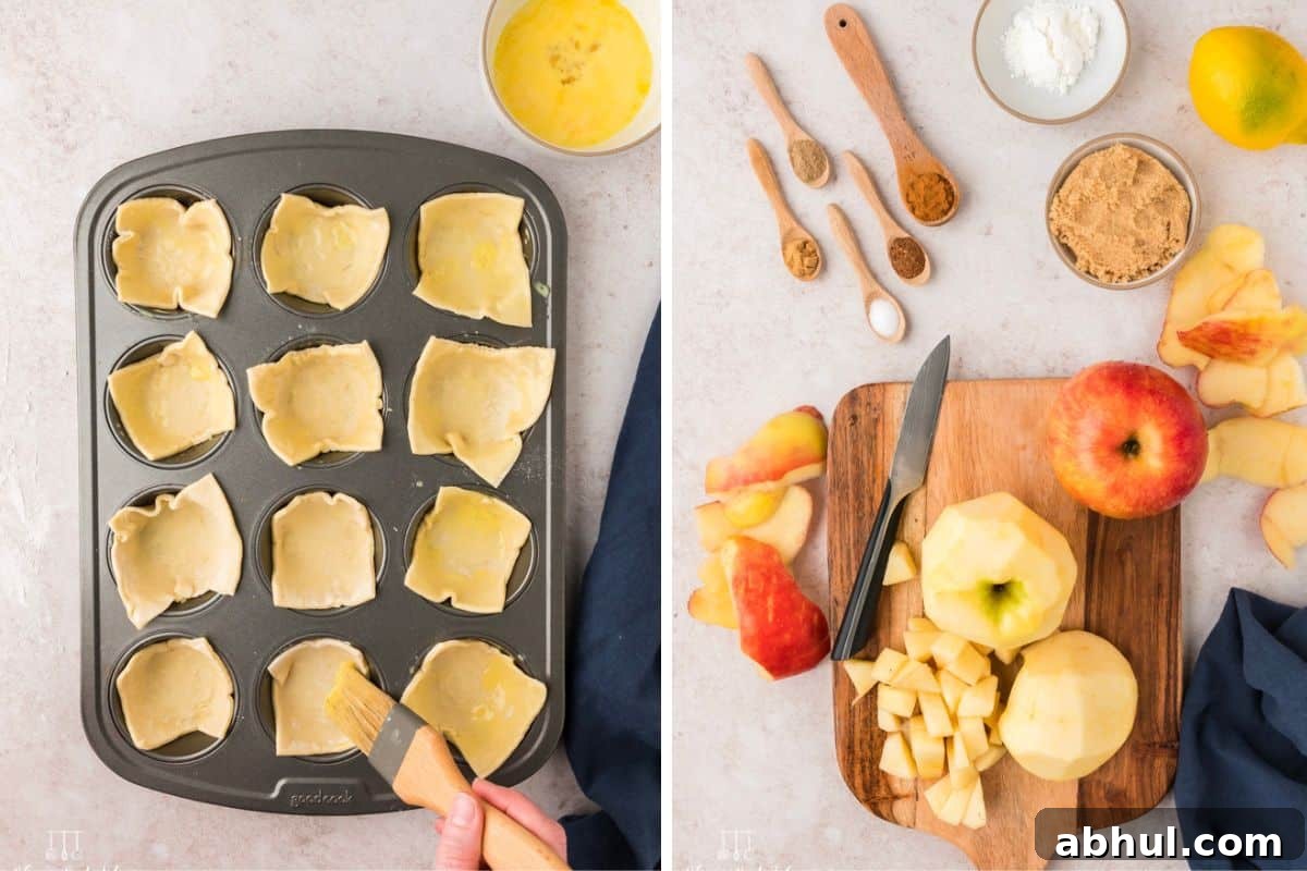 Mini Apple Pie Bites with Flaky Puff Pastry 5 Pressing the squares into the muffin tin and brushing them with an egg wash. Cutting the apples into chunks.