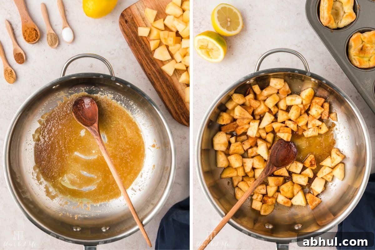 Mini Apple Pie Bites with Flaky Puff Pastry 6 Melting butter and sugar together in a pan and adding the apples to the butter mixture.