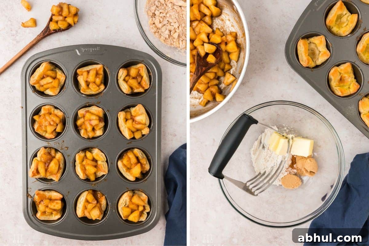 Mini Apple Pie Bites with Flaky Puff Pastry 7 Filling the puff pastry with apple mixture and making a streusel topping.