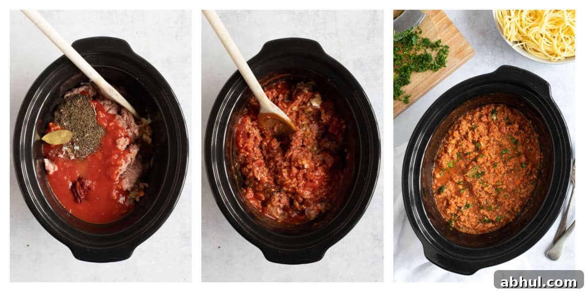 Slow Cooker Pork Ragu: Tender Slow-Braised Pork Ragù Recipe 4 Slow cooker pork ragu in a black slow cooker basin.