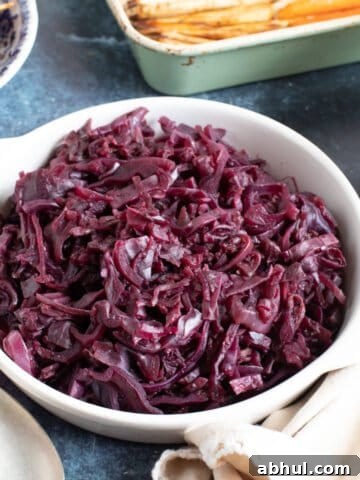 Slow cooker red cabbage in a serving dish.
