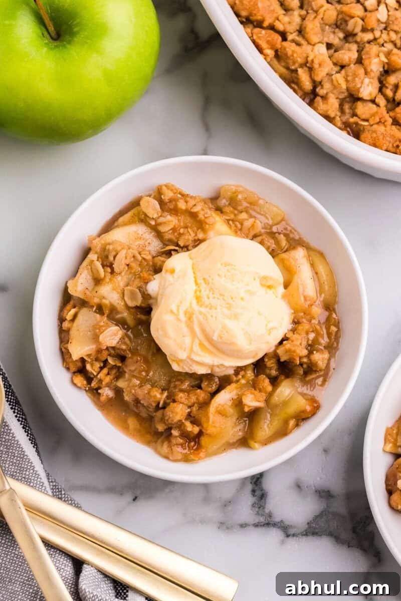 top down view of the Apple Crisp topped with Vanilla Ice Cream.