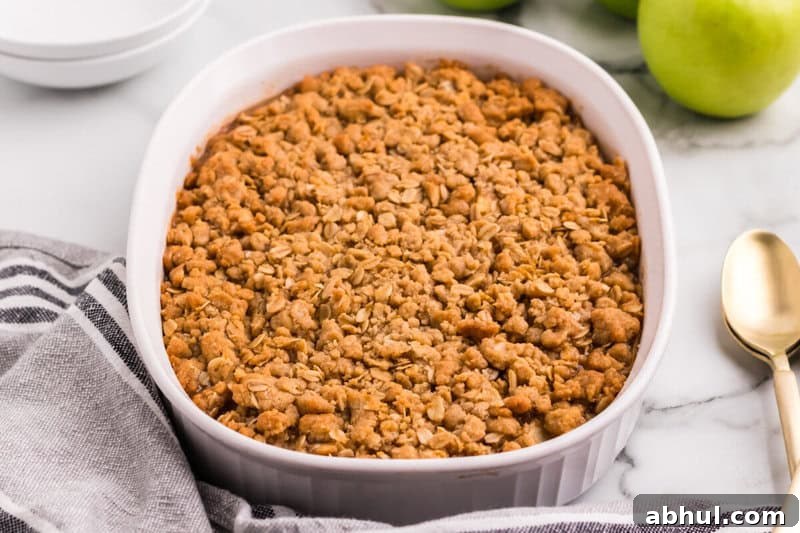 Apple Crisp in white baking dish.