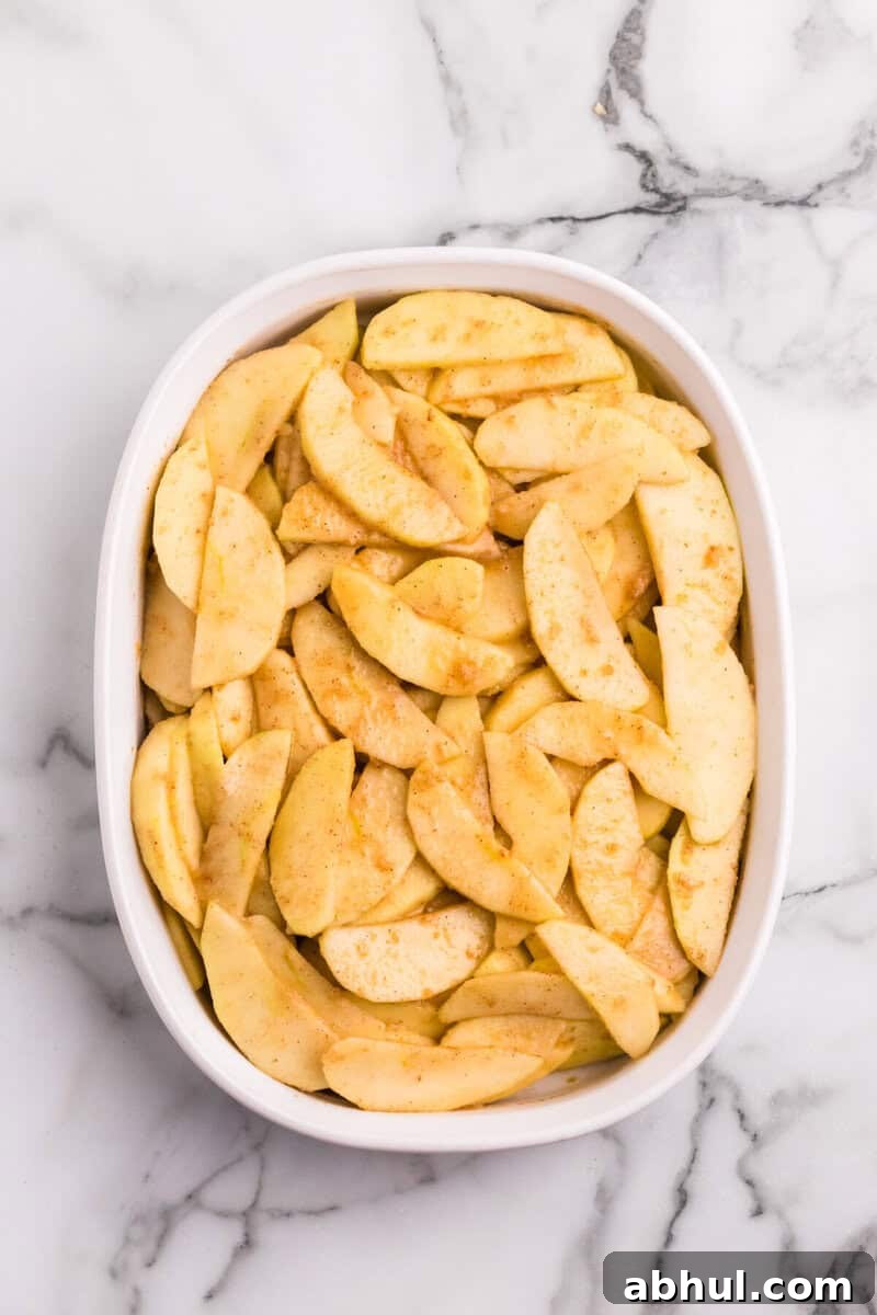 Apples in the bottom of the baking dish.