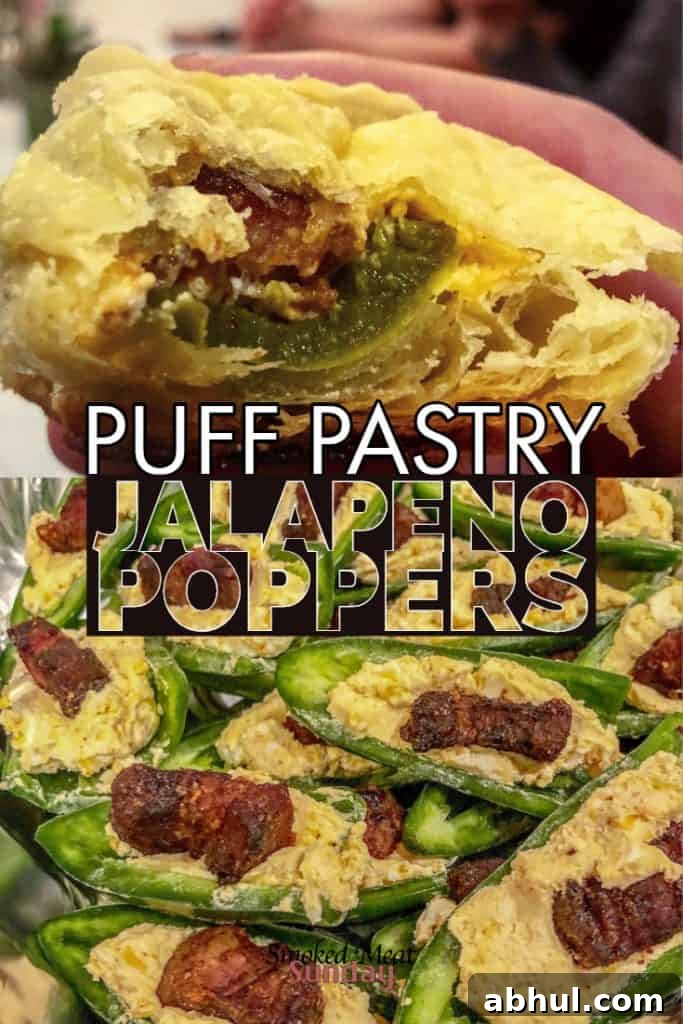 Crispy Puff Pastry Jalapeño Poppers with Creamy Filling 2 Upgrade Your Jalapeno Popper experience with these Smoked Puff Pastry Jalapeno Poppers. Stop messing with wrapped bacon, make these instead! appetizers #jalapeno jalapeno poppers wrapped in bacon #bacon #smoked appetizer ideas #traeger #appetizers