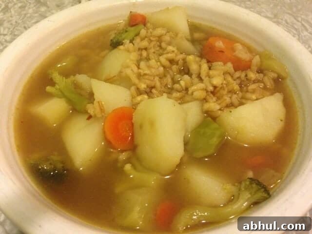 Small white bowl of vegetable barley soup containing carrots and potatoes.