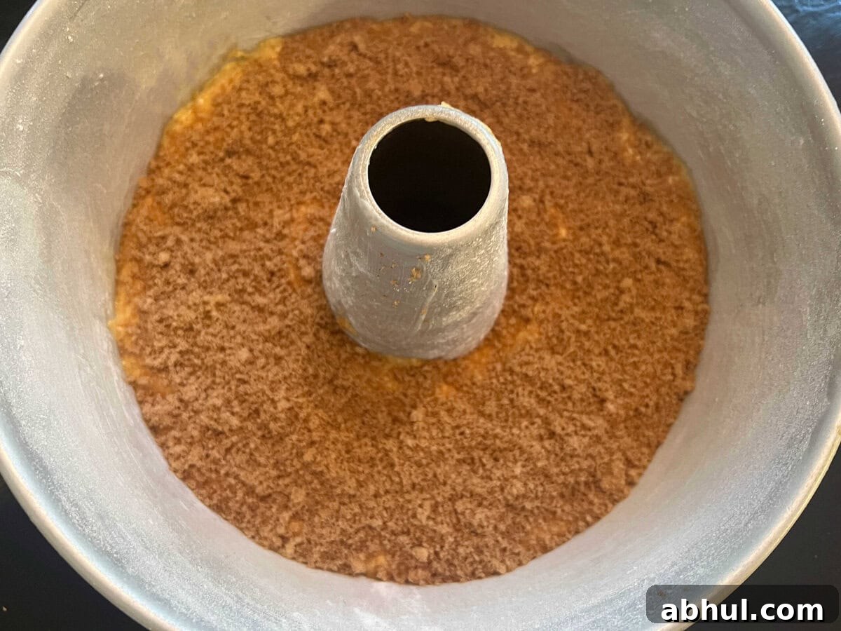 Half of batter in prepared pan, sprinkled with brown sugar and cinnamon mixture.
