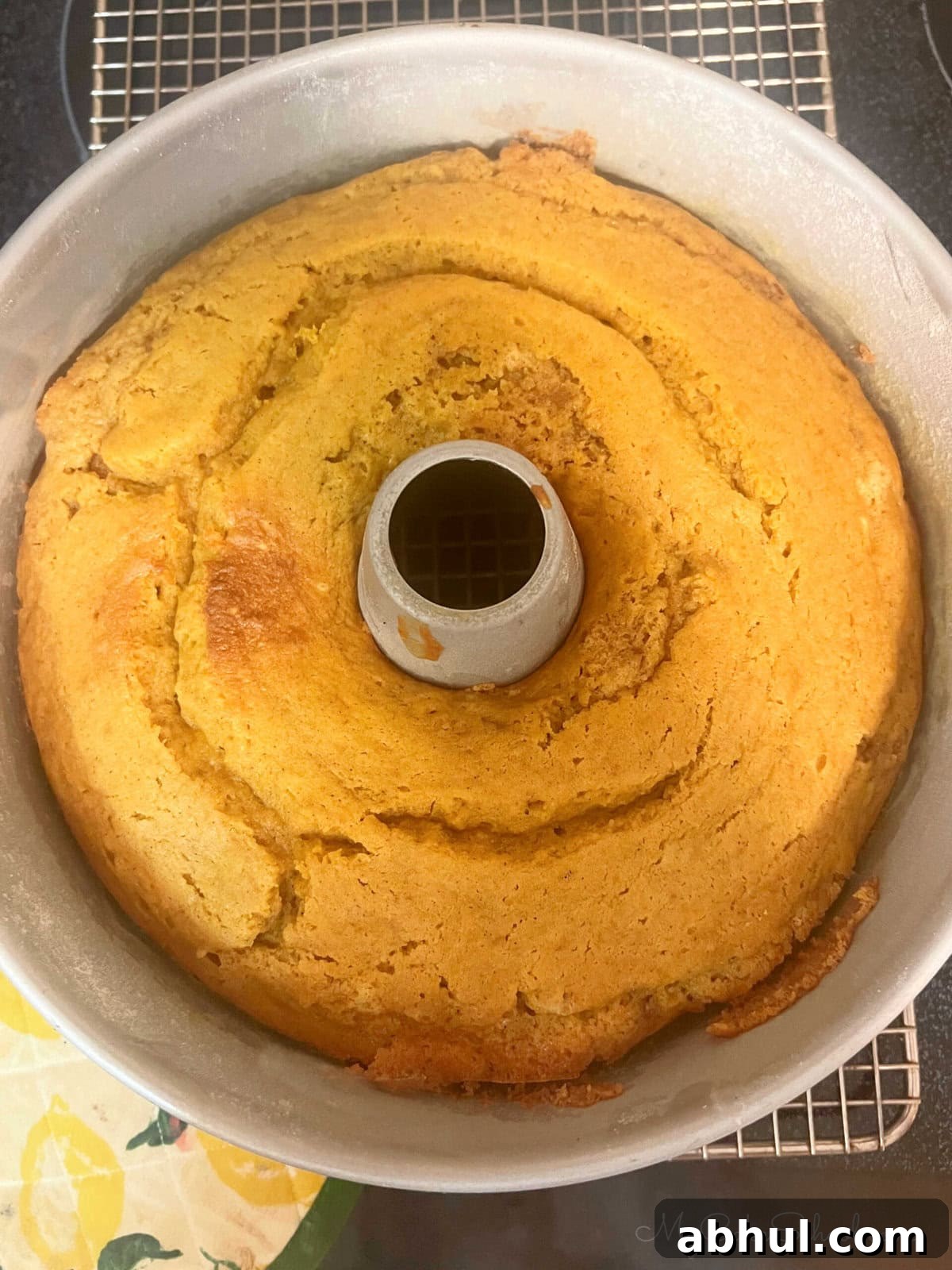 Baked Pumpkin Snickerdoodle Bundt Cake, cooling on wire rack.