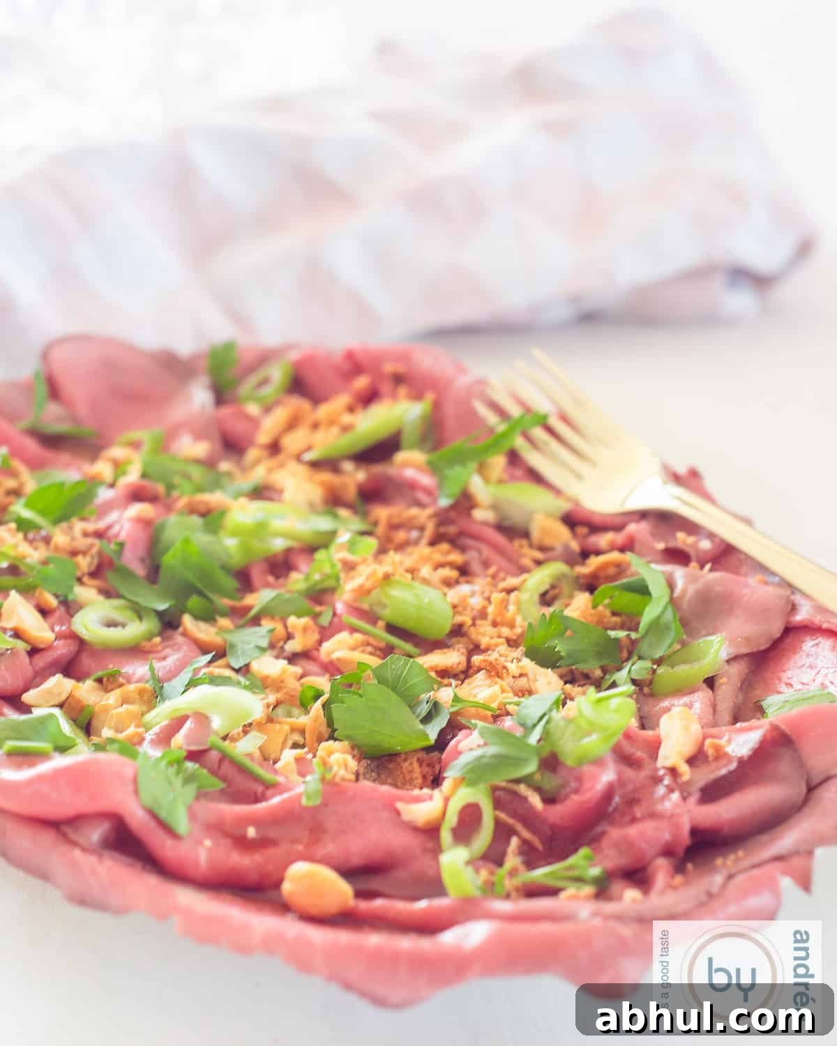 An aerial photo of a bowl of roast beef salad with spring onion, Asian dressing, cashew nuts and onions