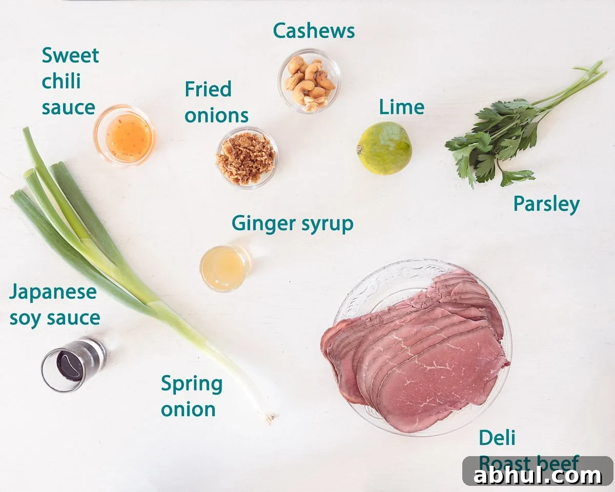 Ingredients Quick Roast Beef Salad with Asian Dressing on a white background with text description