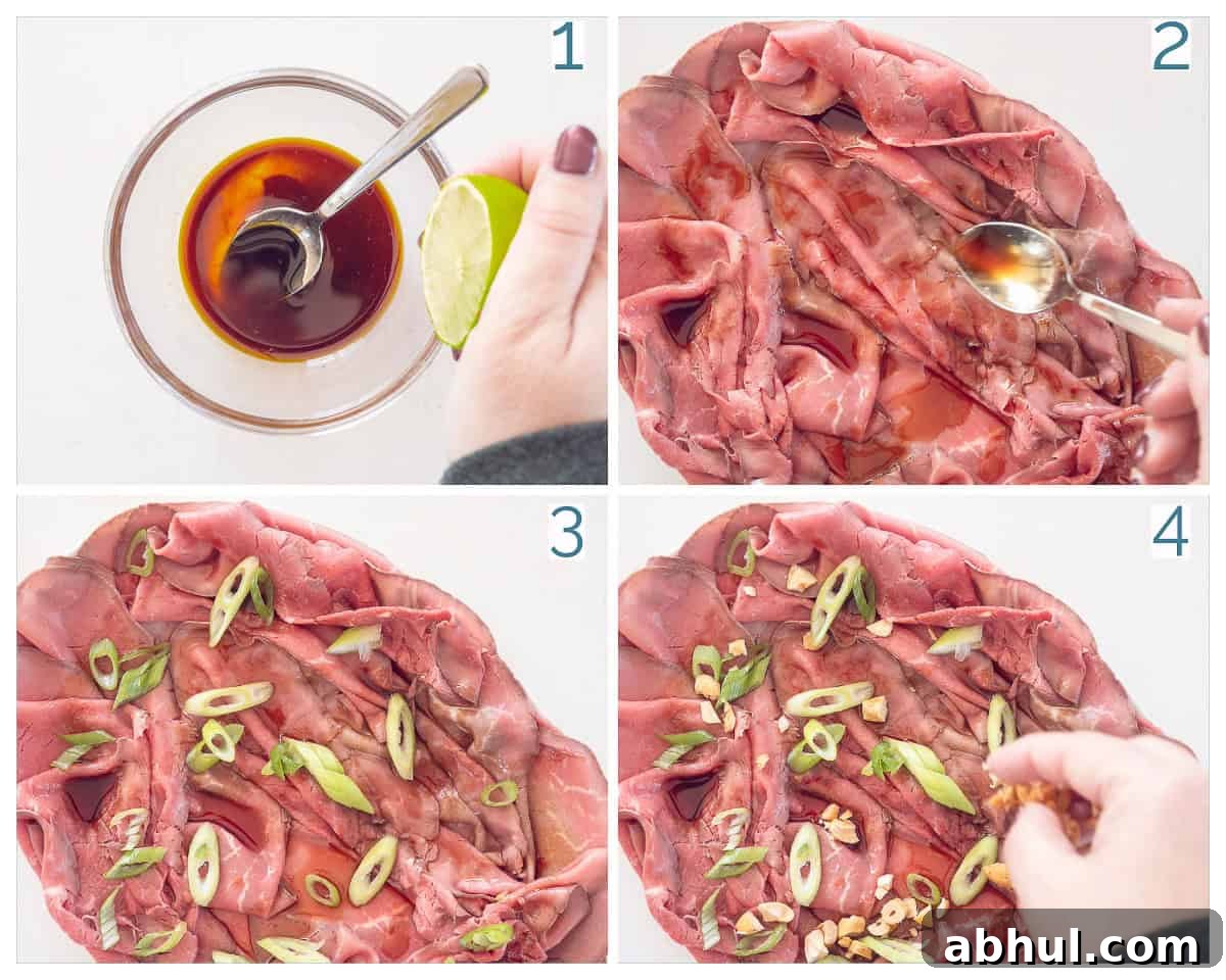 4 collage photo Quick Roast Beef Salad with Asian Dressing