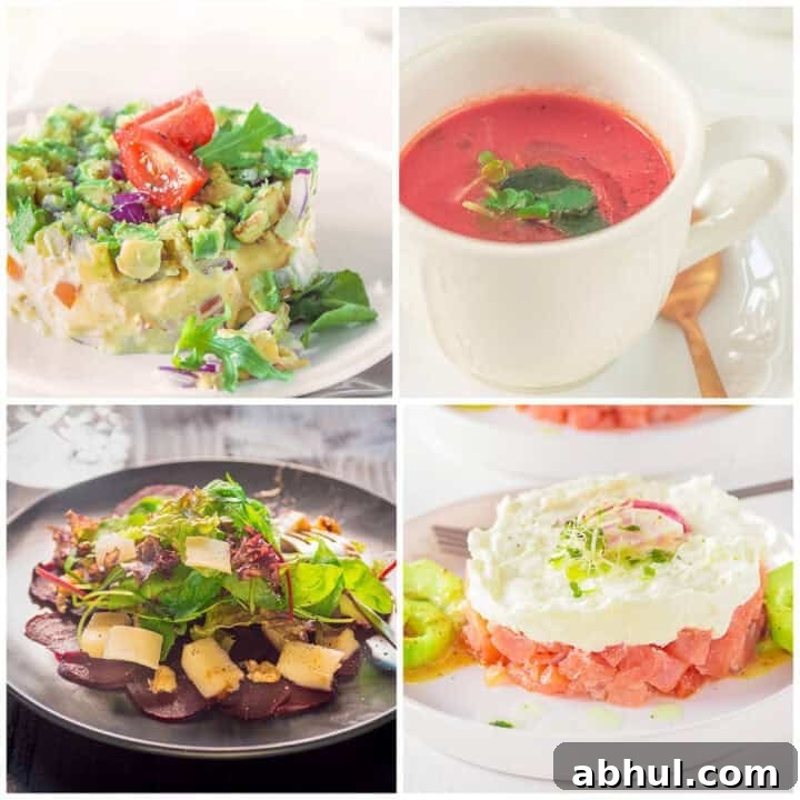 A square photo with four photos of appetizers.