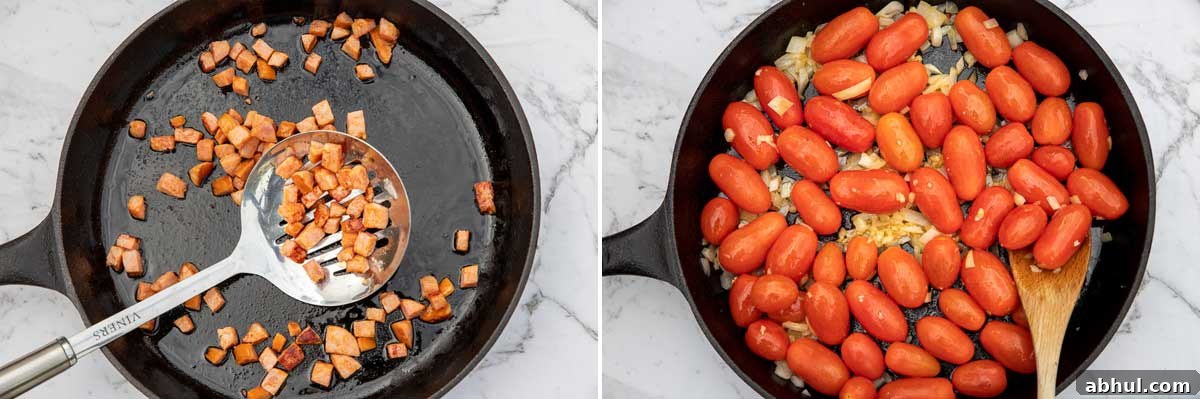Collage of 2 images showing someone lifting chorizo cubes out of a cast iron pan and stirring a pan of tomatoes, garlic and onion.