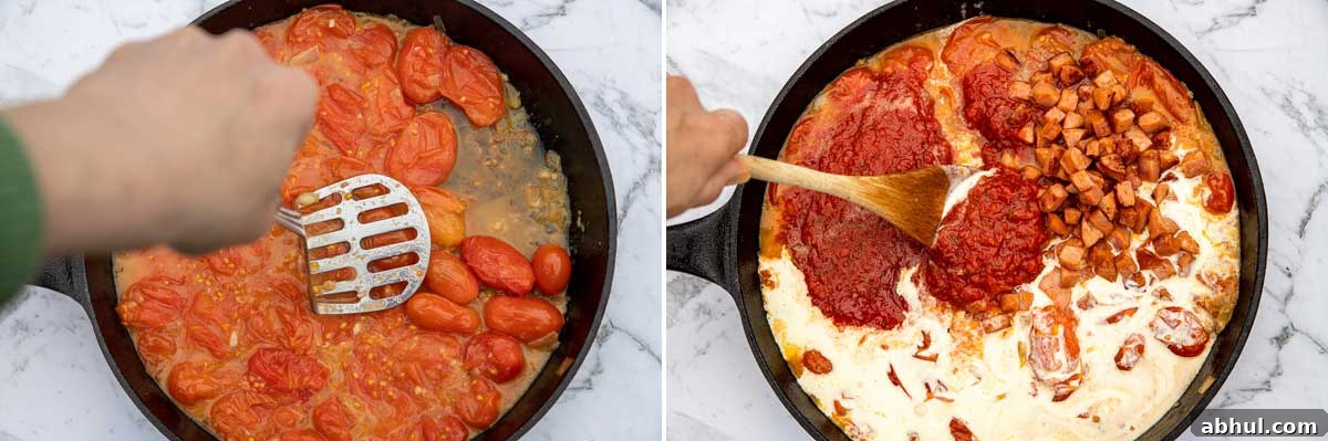 Collage of 2 images showing someone stirring a pan of cherry tomatoes and then adding passata, chorizo and cream from above.