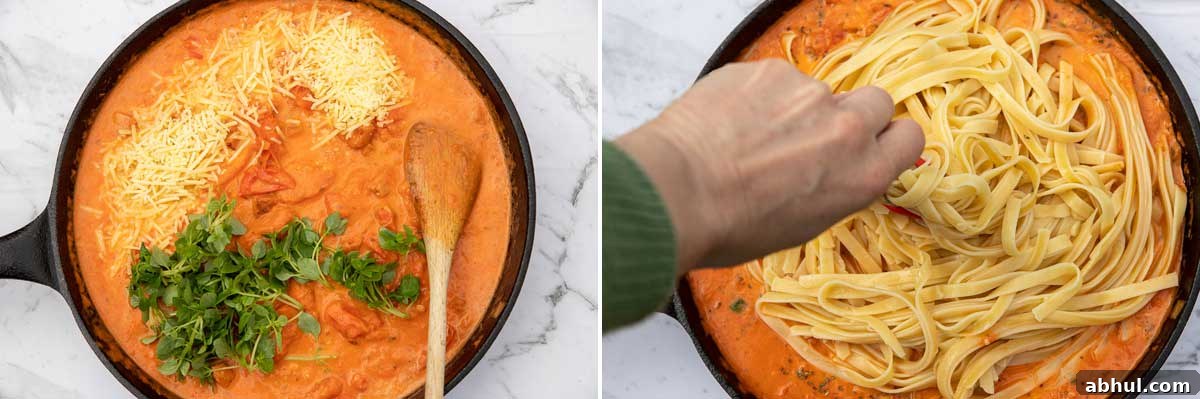 Collage of 2 images showing a cast iron pan of chorizo pasta sauce with basil and parmesan in it and then with tagliatelle pasta being stirred in.