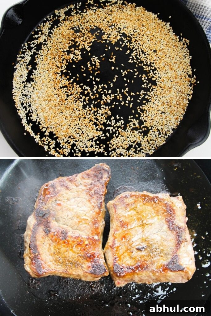 toasting sesame seeds in top picture and bottom picture searing steak in skillet