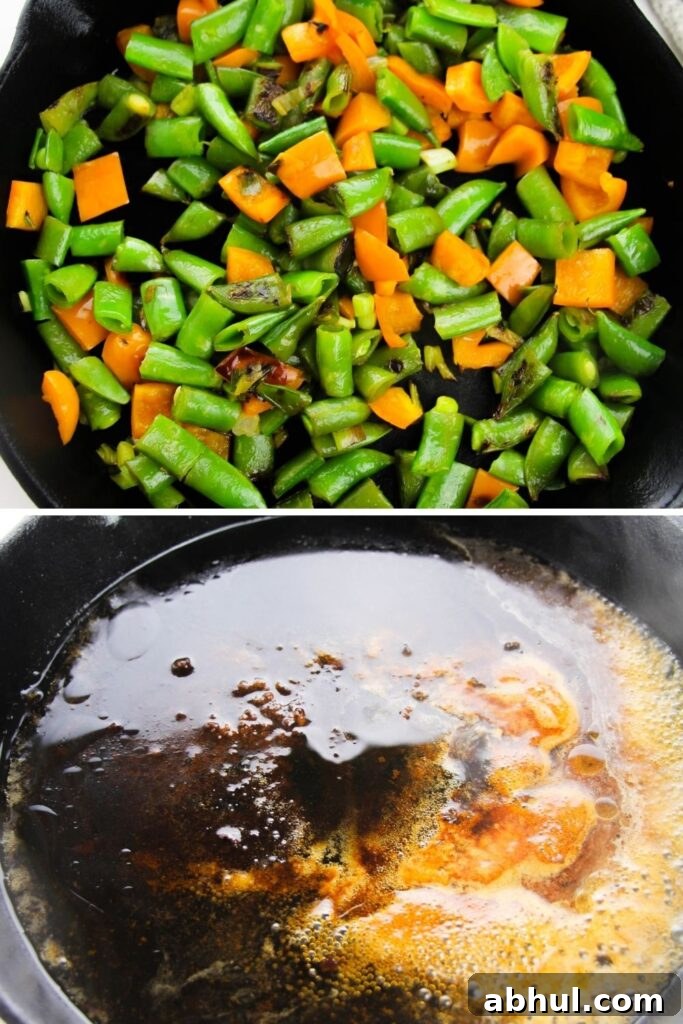 veggies in skillet and sauce in skillet on bottom picture 