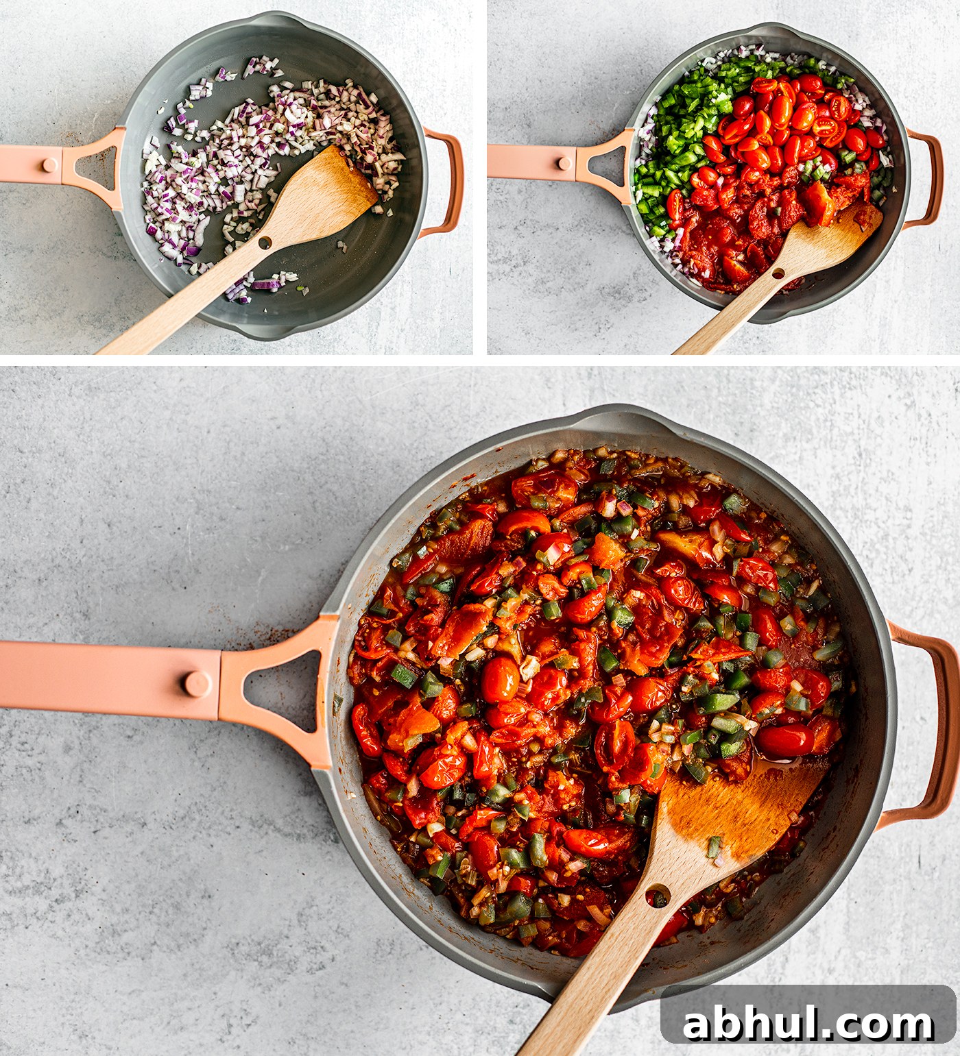 Process shots of pan with onions, pan with veggies, and pan with sauce.