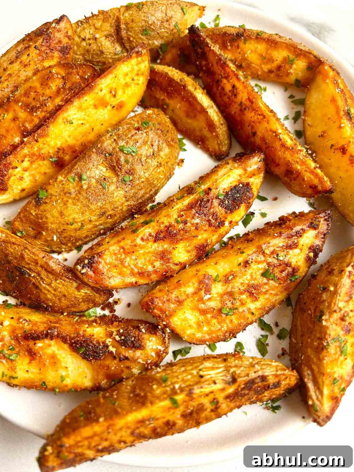 close up of baked potato wedges on plate; seasoned with parsley and parmesan.