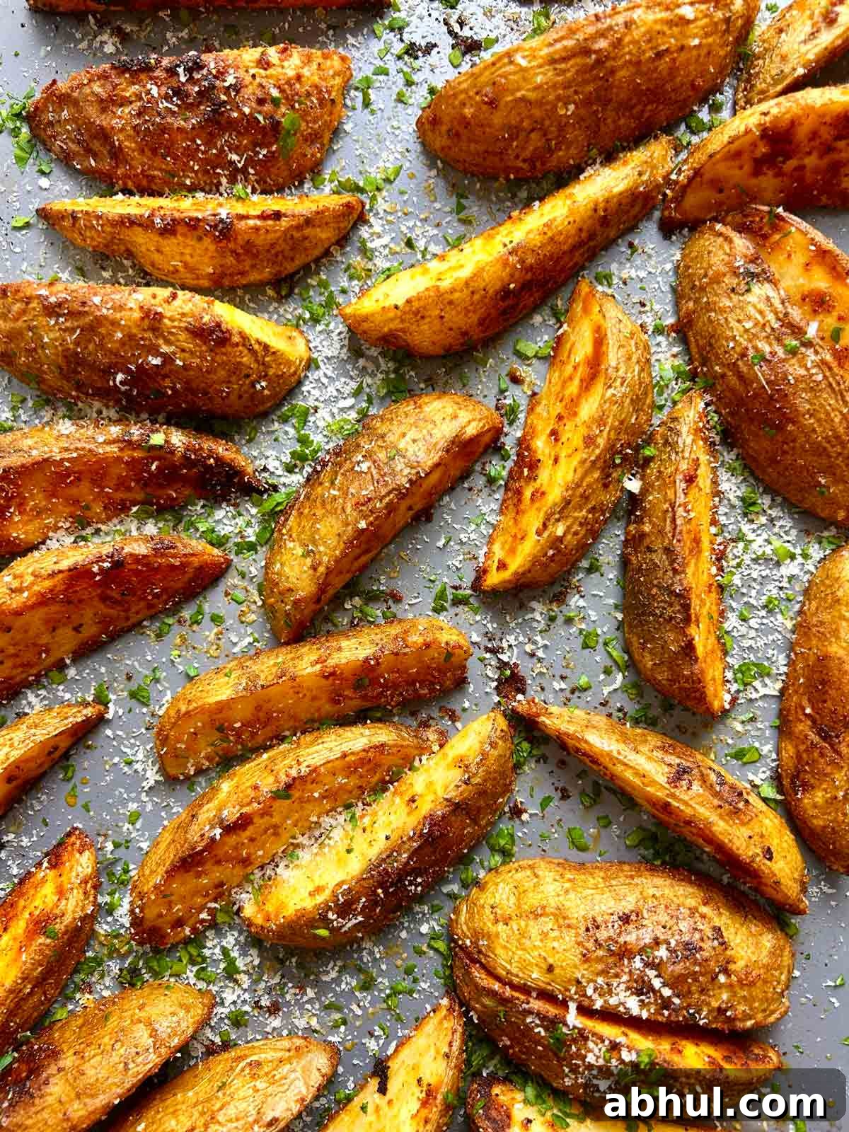 close up of baked potato wedges still on baking sheet with parmesan and parsley sprinkled on top.