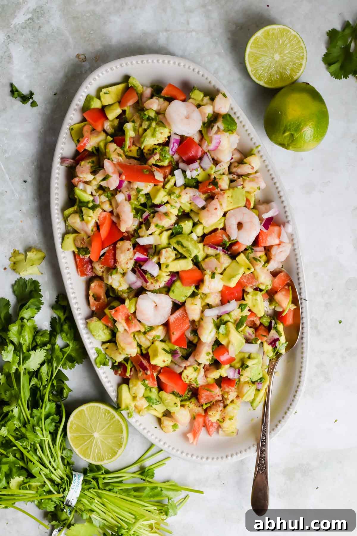 overhead shot of avocado shrimp ceviche salad on white serving dish on gray background.