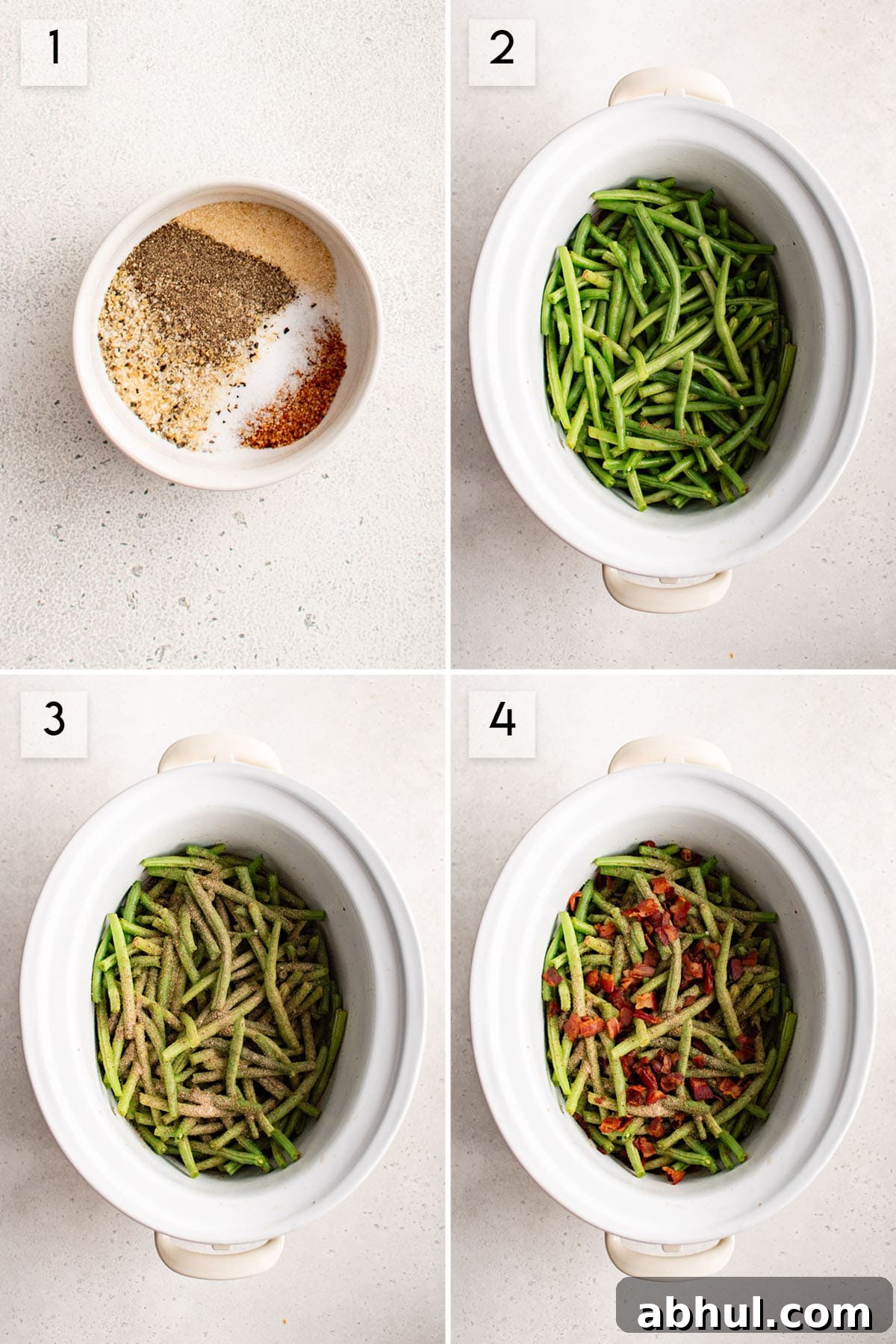 four panel collage image showing how to make crockpot green beans