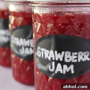 Three jars of strawberry jam with lids and labels.