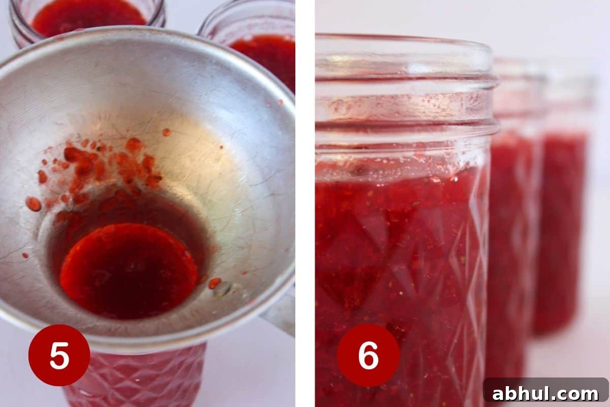 Ladling jam into jars and letting the jam cool before adding lids.