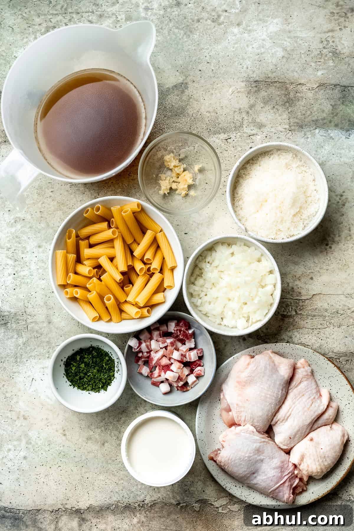 Ingredients for chicken and bacon pasta.