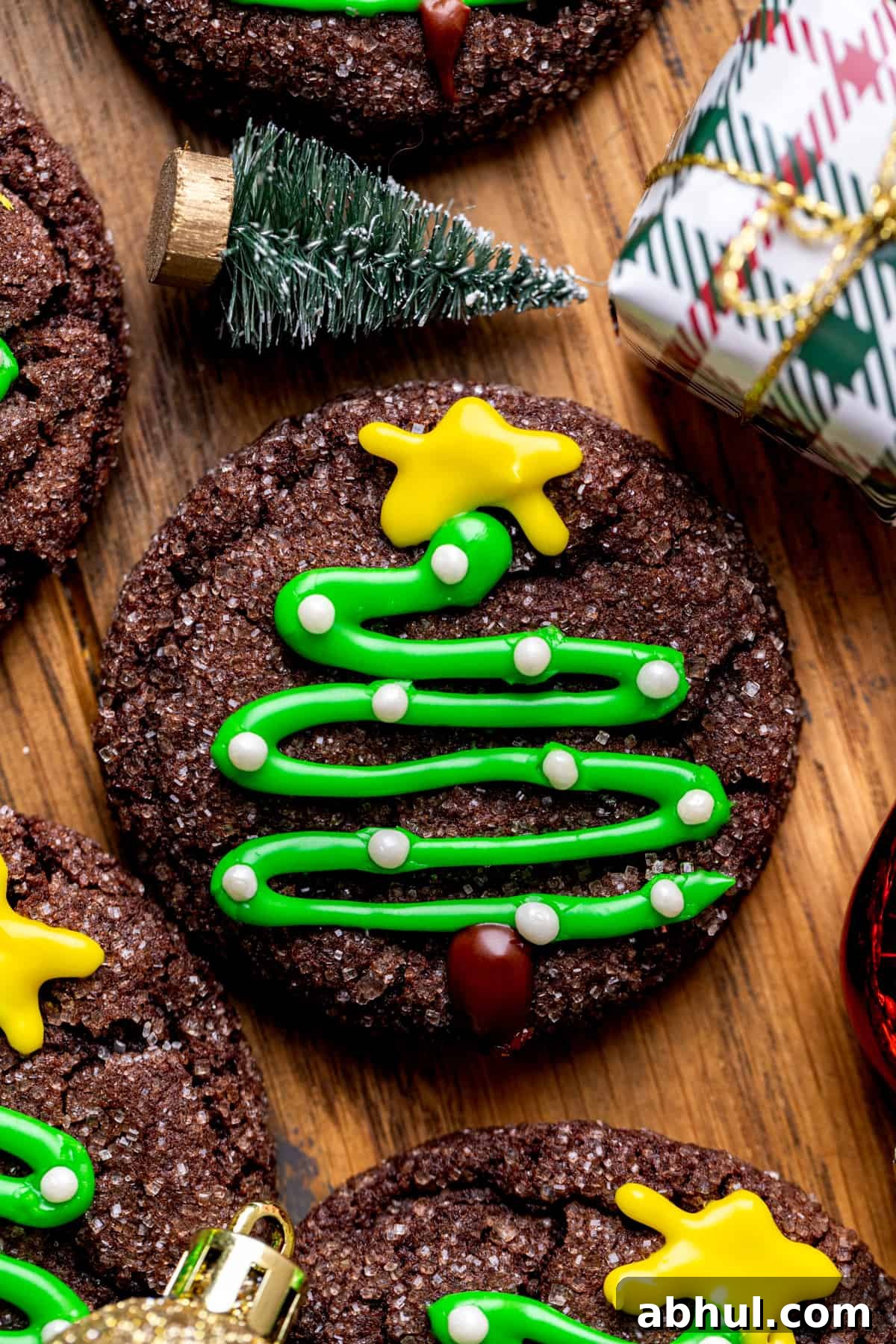 Close up of Christmas tree cookies.