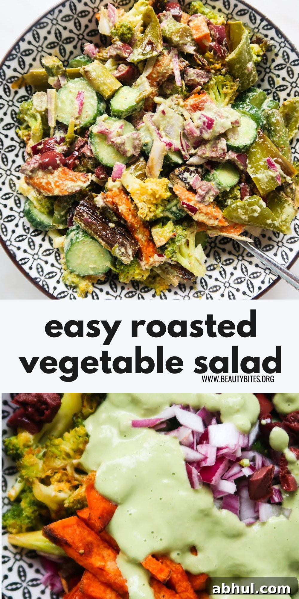 Roasted broccoli, sweet potatoes, asparagus and peppers make it into this healthy roasted vegetable salad! Drizzled with spicy creamy cashew sauce this roast vegetable salad recipe is dairy-free, gluten-free and vegan. It's perfect for vegan lunch or as a vegetable side dish!
