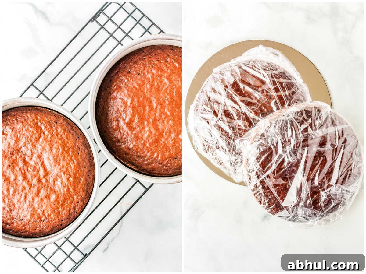 The cakes cooked on a baking rack and then wrapped in plastic and frozen.