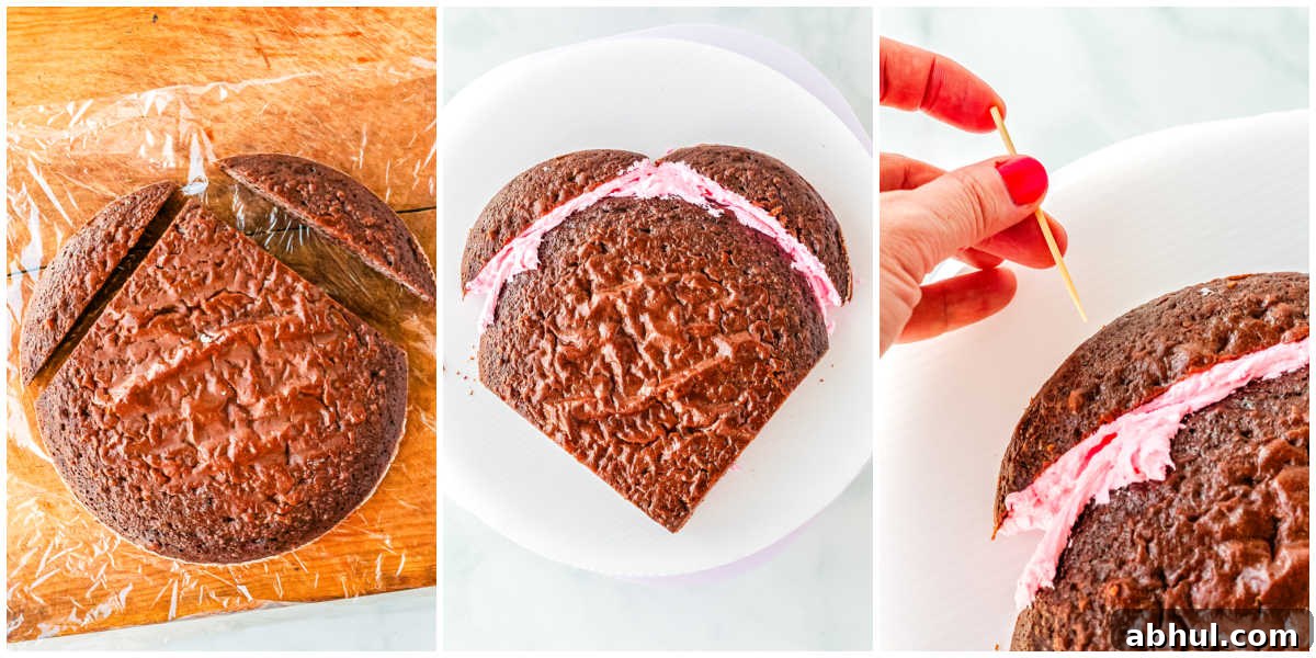 The round cakes cut and then shaped into a heart shape.