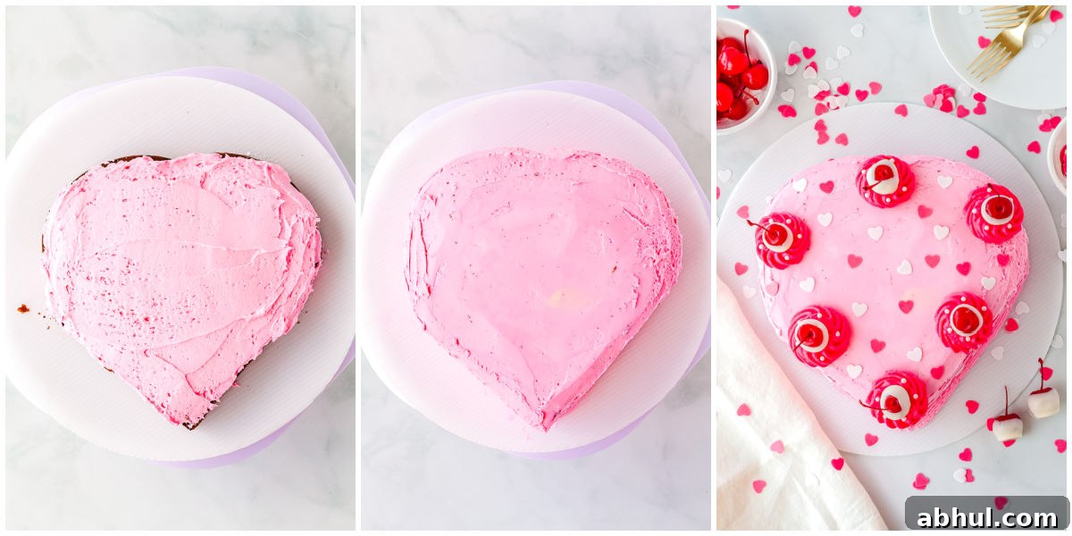 The pink buttercream spread on the cake, and then decorated with sprinkles and cherries.