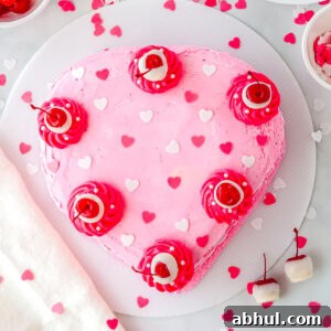 A heart shaped cake decorated with pink buttercream, sprinkles, and cherries.