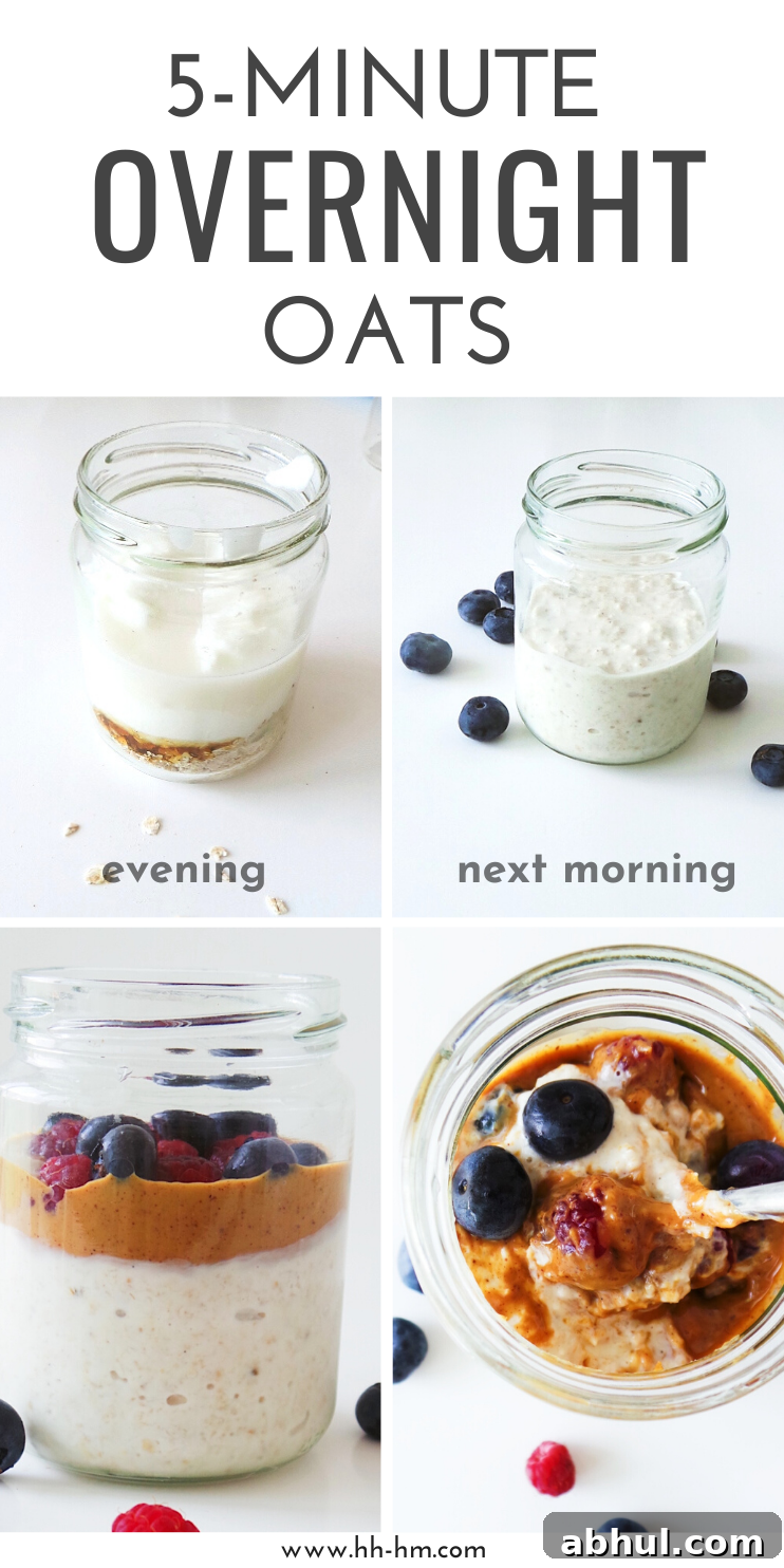 5-minute healthy overnight oats - super easy healthy breakfast to eat on the go! Make it in the evening and eat the next morning!
