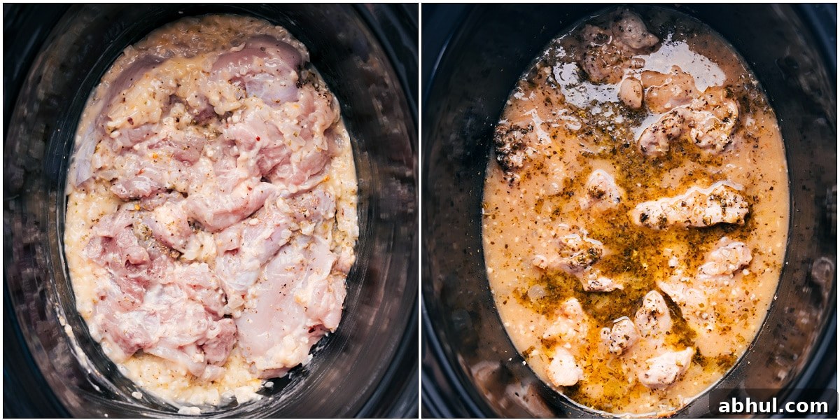 All the ingredients for Crockpot Marry Me Chicken added to the slow cooker to cook.