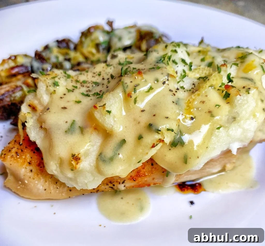 A chicken breast that has been baked and topped with mashed potatoes and then covered in a creamy béarnaise sauce