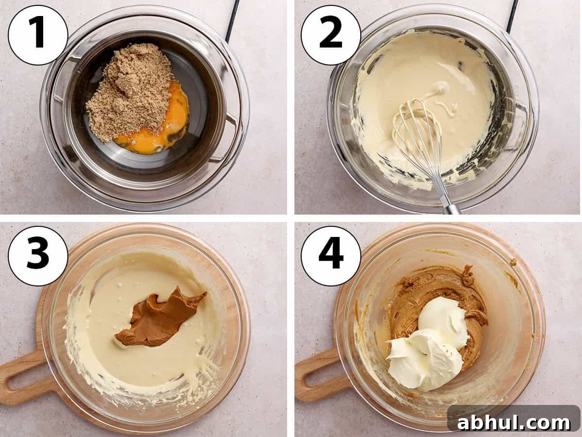 Process shot collage: cooking yolks & sugar over double boiler then mixing in biscoff spread and mascarpone.