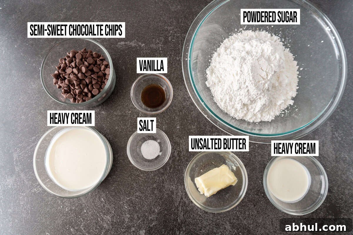 ganache and filling ingredients in bowls and labeled.